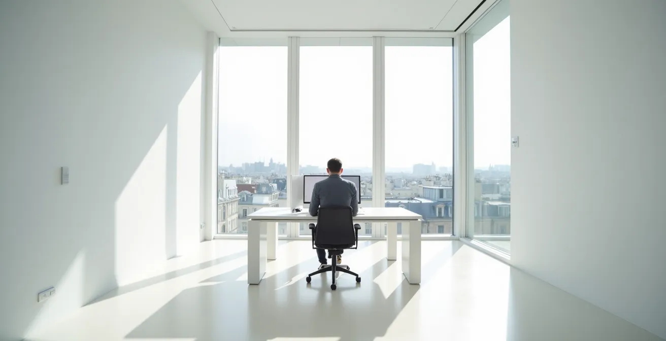 Expert immobilier analysant des plans architecturaux dans un bureau moderne