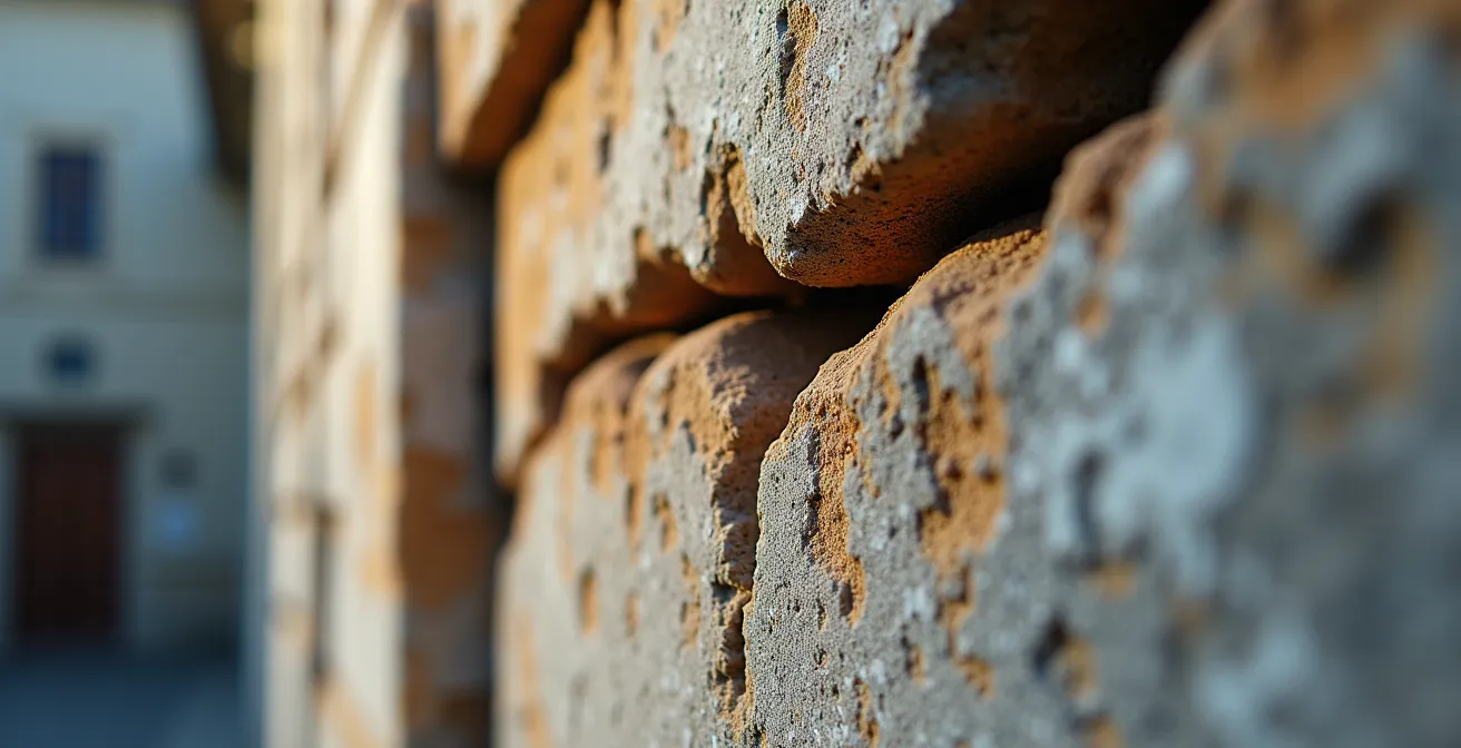 Vue macro de fissures structurelles sur une façade d'immeuble haussmannien