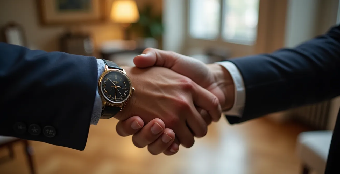 Poignée de main professionnelle symbolisant la confiance dans l'expertise immobilière