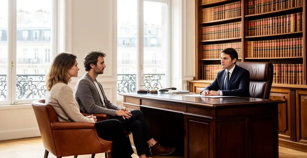 Couple trentenaire assis face à un professionnel dans un bureau notarial lumineux