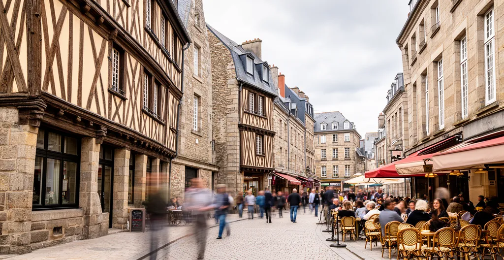 Rue piétonne du centre historique de Rennes avec façades à colombages