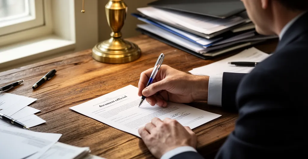 Personne signant un document officiel sur un bureau en bois