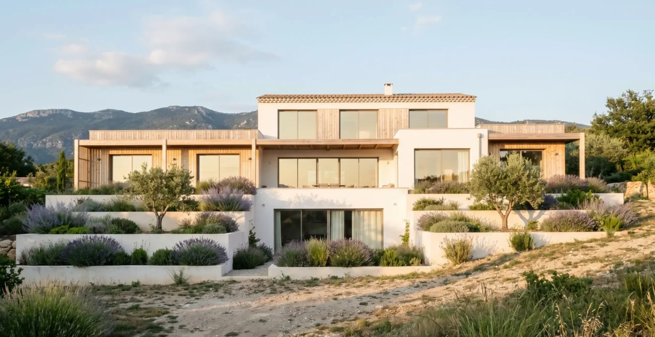 Villa contemporaine blanche à étages décalés implantée sur une pente avec terrasses végétalisées en cascade, paysage du Luberon en arrière-plan, lumière dorée