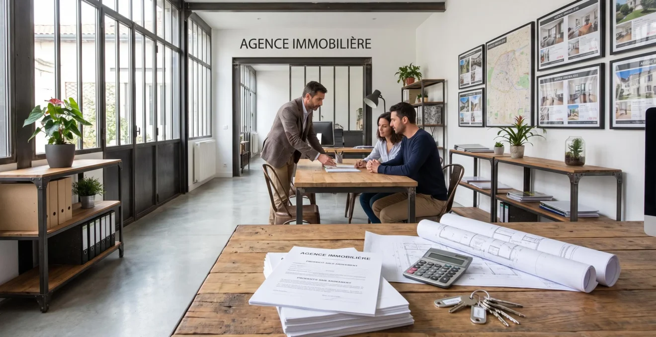 Bureau d'agence immobilière avec documents de vente, plans et agent conseillant des clients