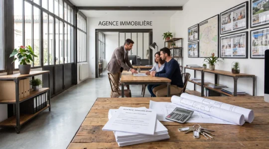 Bureau d'agence immobilière avec documents de vente, plans et agent conseillant des clients