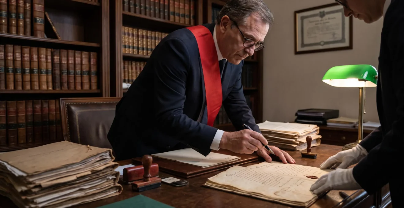 Bureau de notaire avec acte authentique et signature officielle en cours