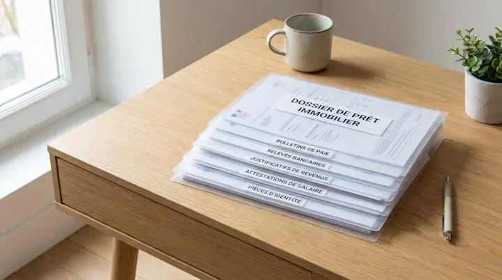 Dossier de prêt immobilier avec documents officiels rangés méthodiquement