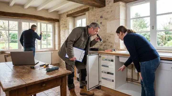 Expert inspectant l'intérieur d'une maison avec checklist de visite technique