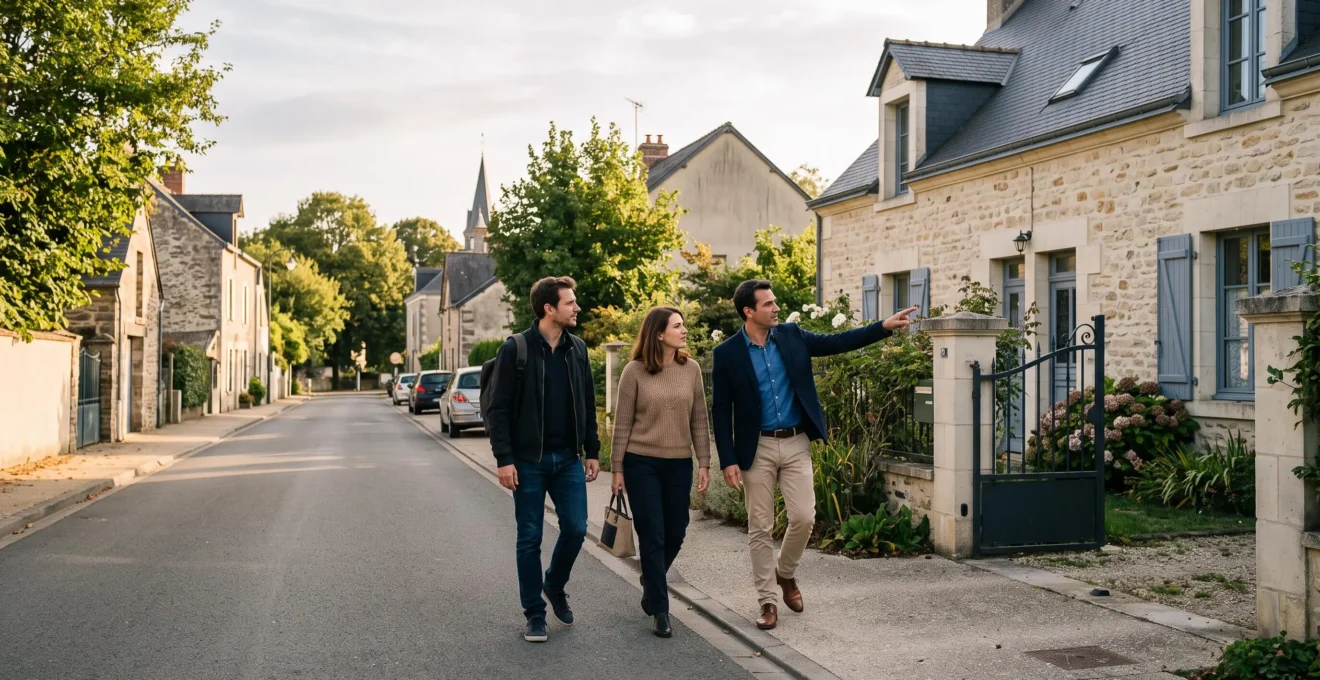 Un agent immobilier fait visiter une maison à un couple dans une rue résidentielle de Vertou.