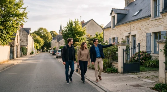 Un agent immobilier fait visiter une maison à un couple dans une rue résidentielle de Vertou.