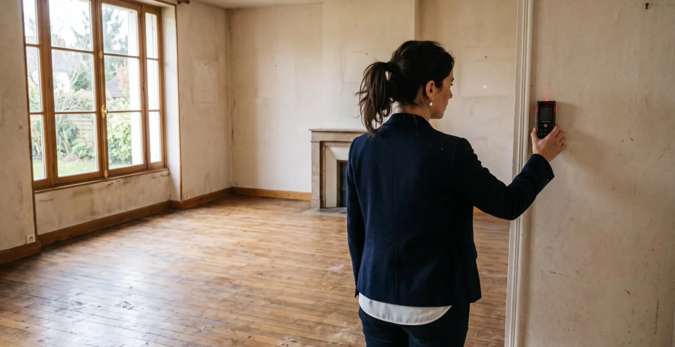 Un agent mesure une pièce vide avec un télémètre laser lors d'une estimation.