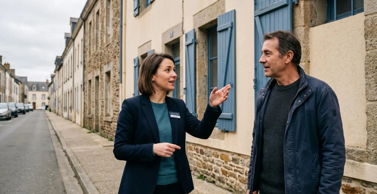Un agent immobilier et un propriétaire observent les maisons d'un quartier de Vertou.