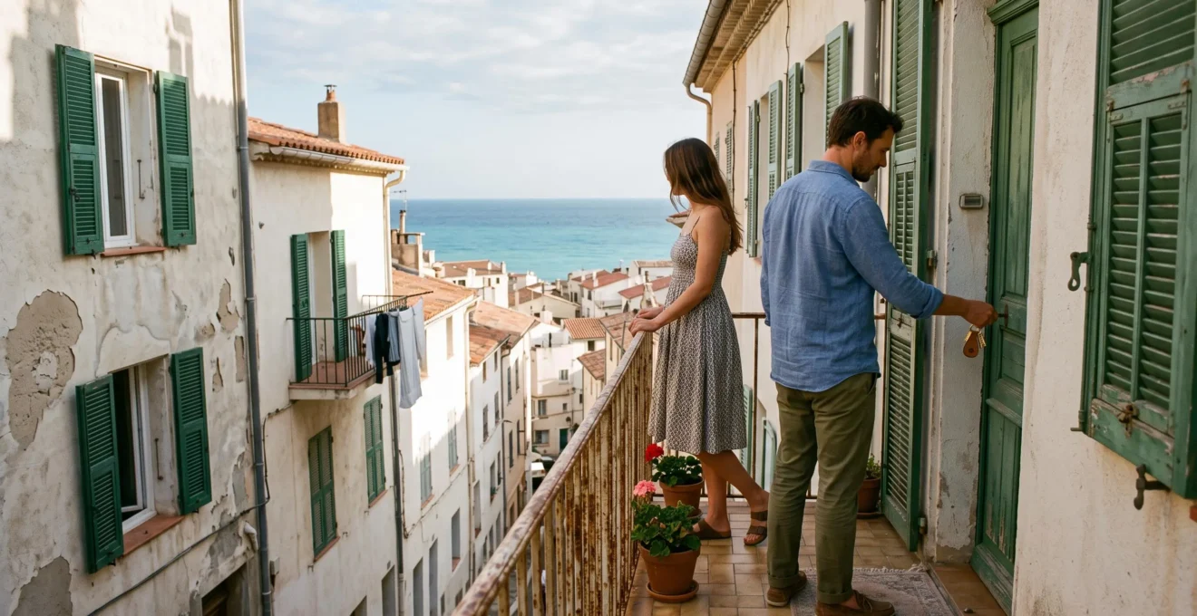 Un couple visite le balcon d'un appartement en bord de mer au Grau-du-Roi.