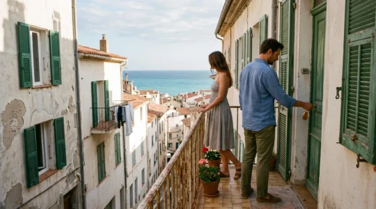 Un couple visite le balcon d'un appartement en bord de mer au Grau-du-Roi.