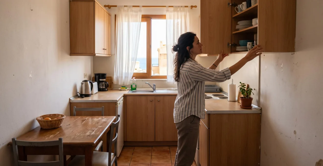 Une femme vérifie les rangements d'une cuisine équipée dans un appartement meublé.
