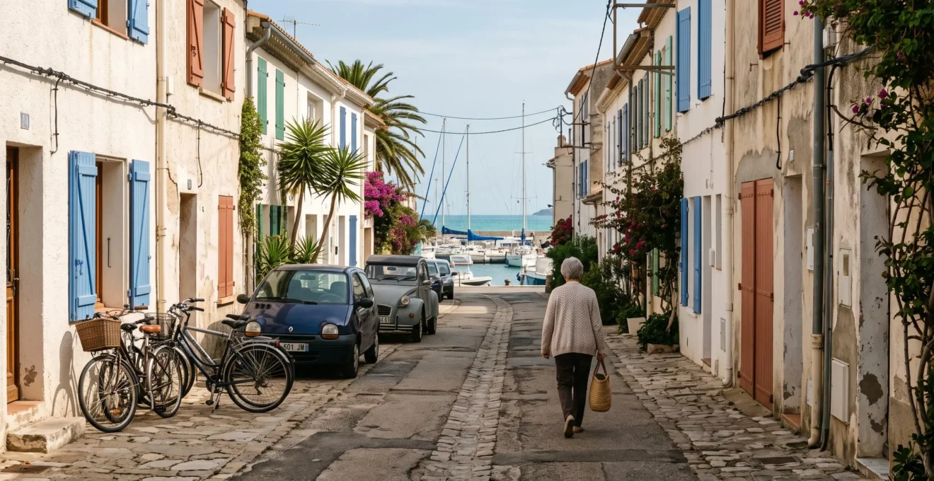 Une rue résidentielle calme bordée de maisons blanches près du port au Grau-du-Roi.