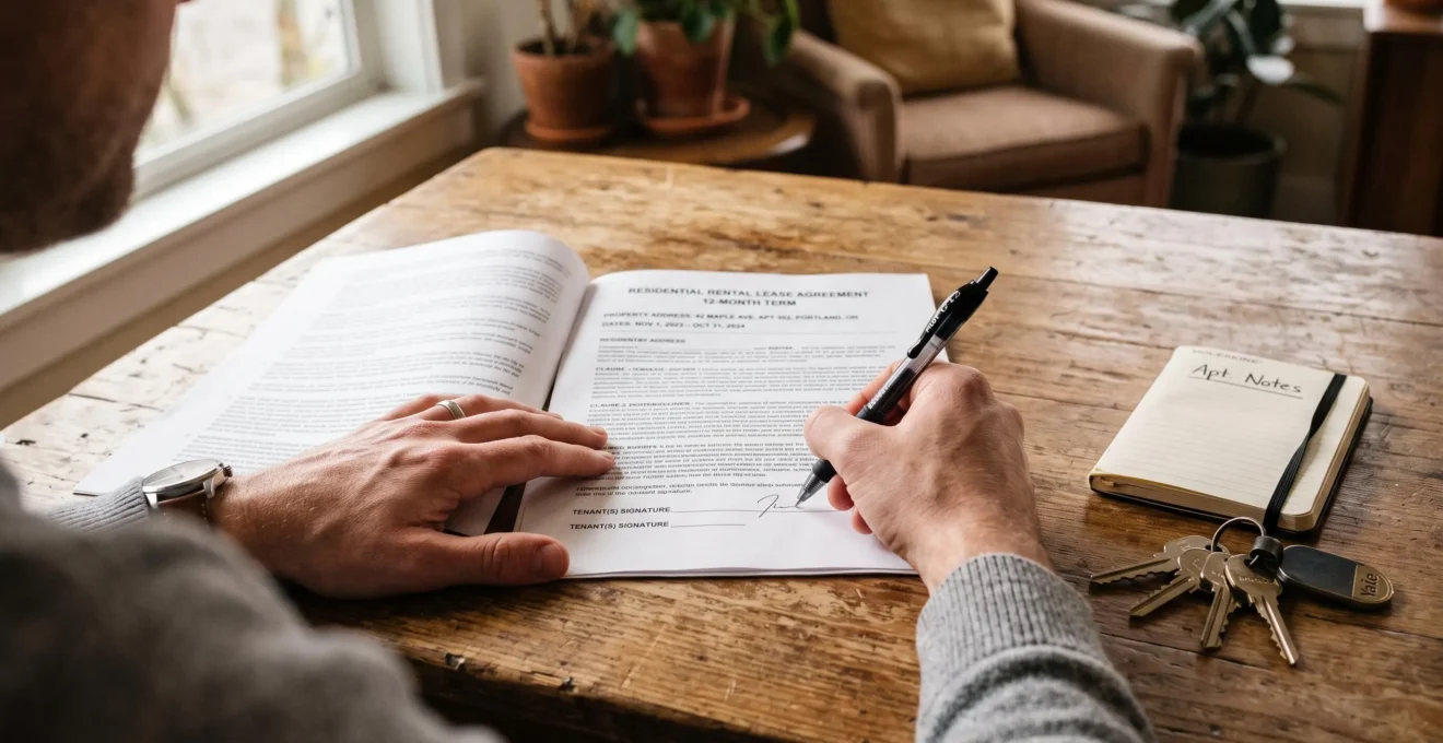 Des mains relisent un contrat de location posé sur une table à côté des clés.